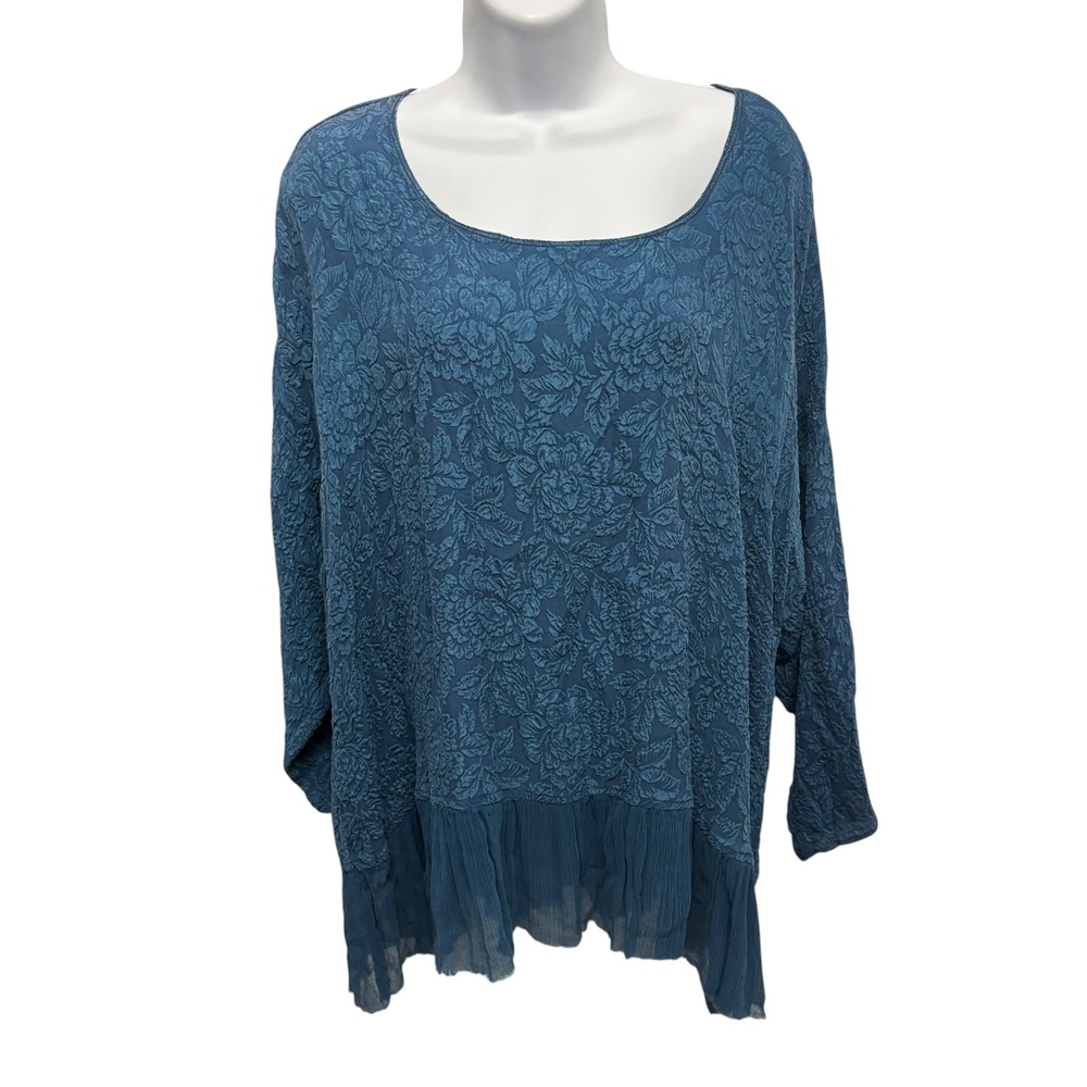 URU 100% Silk Floral Jacquard Ruffle Hem Tunic Top Teal Blue Size 2 Made in USA